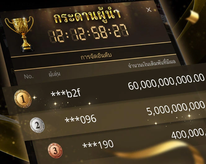 SA Gaming casino leaderboard showing top players and bet amounts, with a countdown timer and gold, silver, bronze rewards.