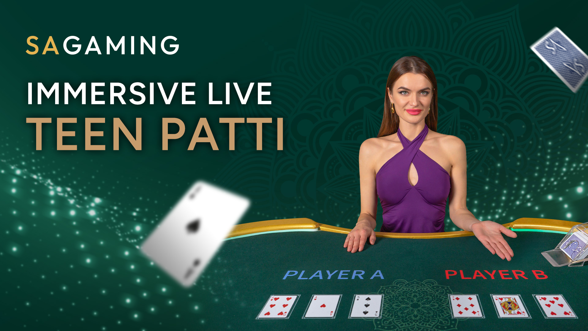 A live dealer in a purple dress presents a Teen Patti game setup by SA Gaming, a live casino games provider in the iGaming industry.